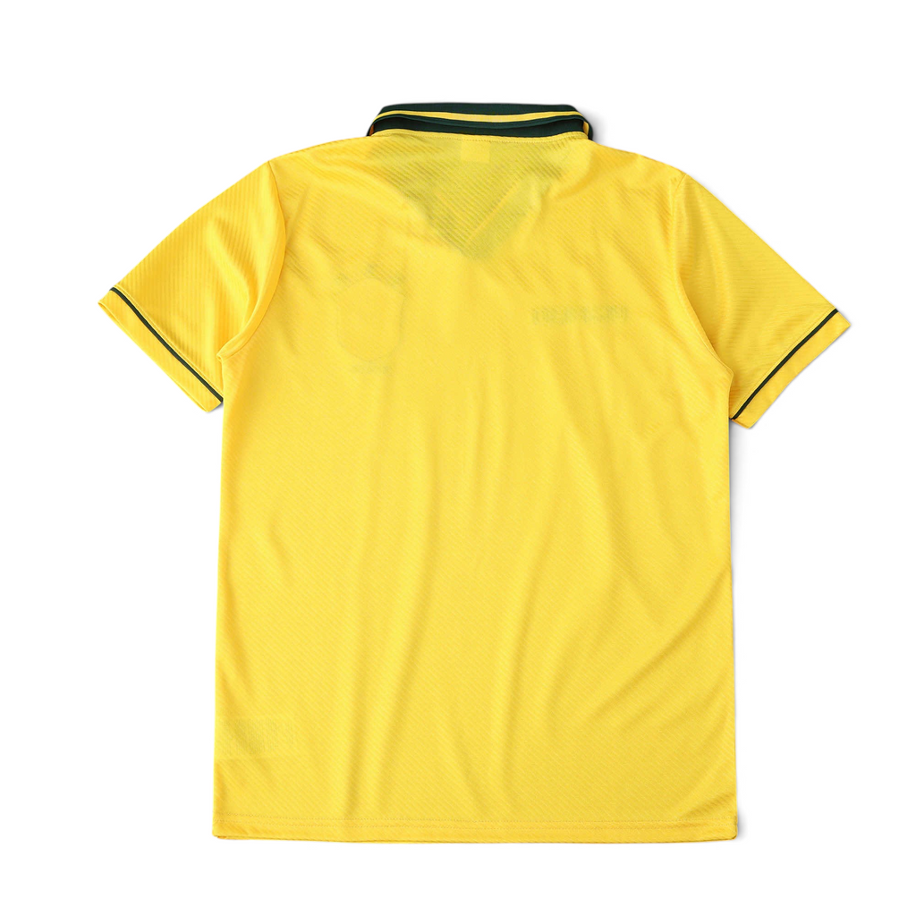 Elite Retro Kits Brazil 1994 home football shirt in yellow with green collar and sleeve trim, back view.