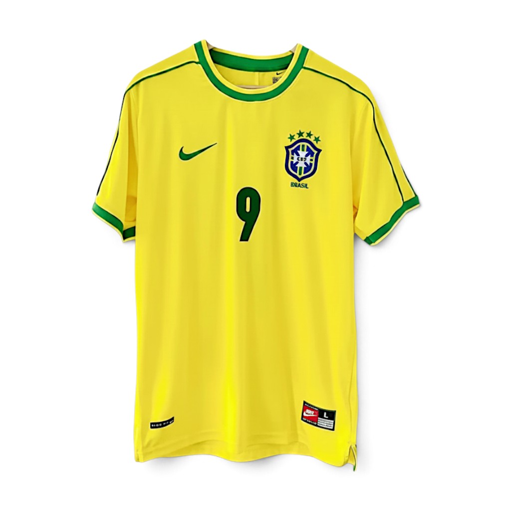 Elite Retro Kits Brazil 1998 World Cup home football shirt in yellow with green trim and number 9 on the chest