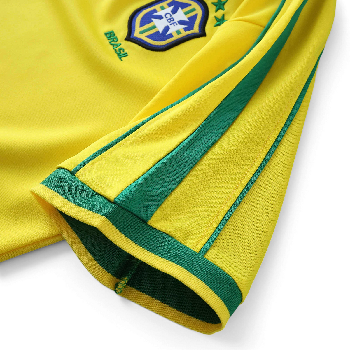 Elite Retro Kits Brazil 1998 kids home jersey sleeve detail in yellow with green trim and CBF crest