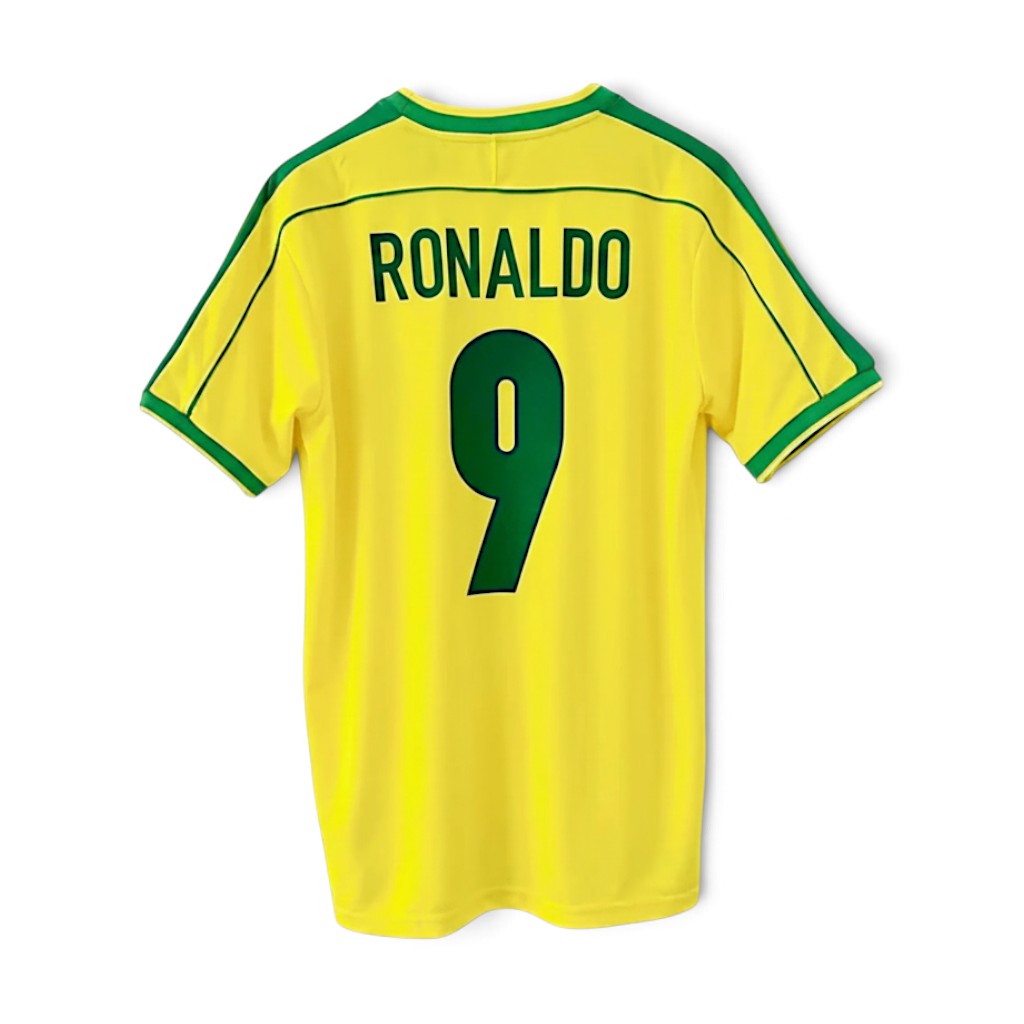 Elite Retro Kits Brazil 1998 World Cup home jersey in yellow with green trim, featuring Ronaldo number 9 on the back.