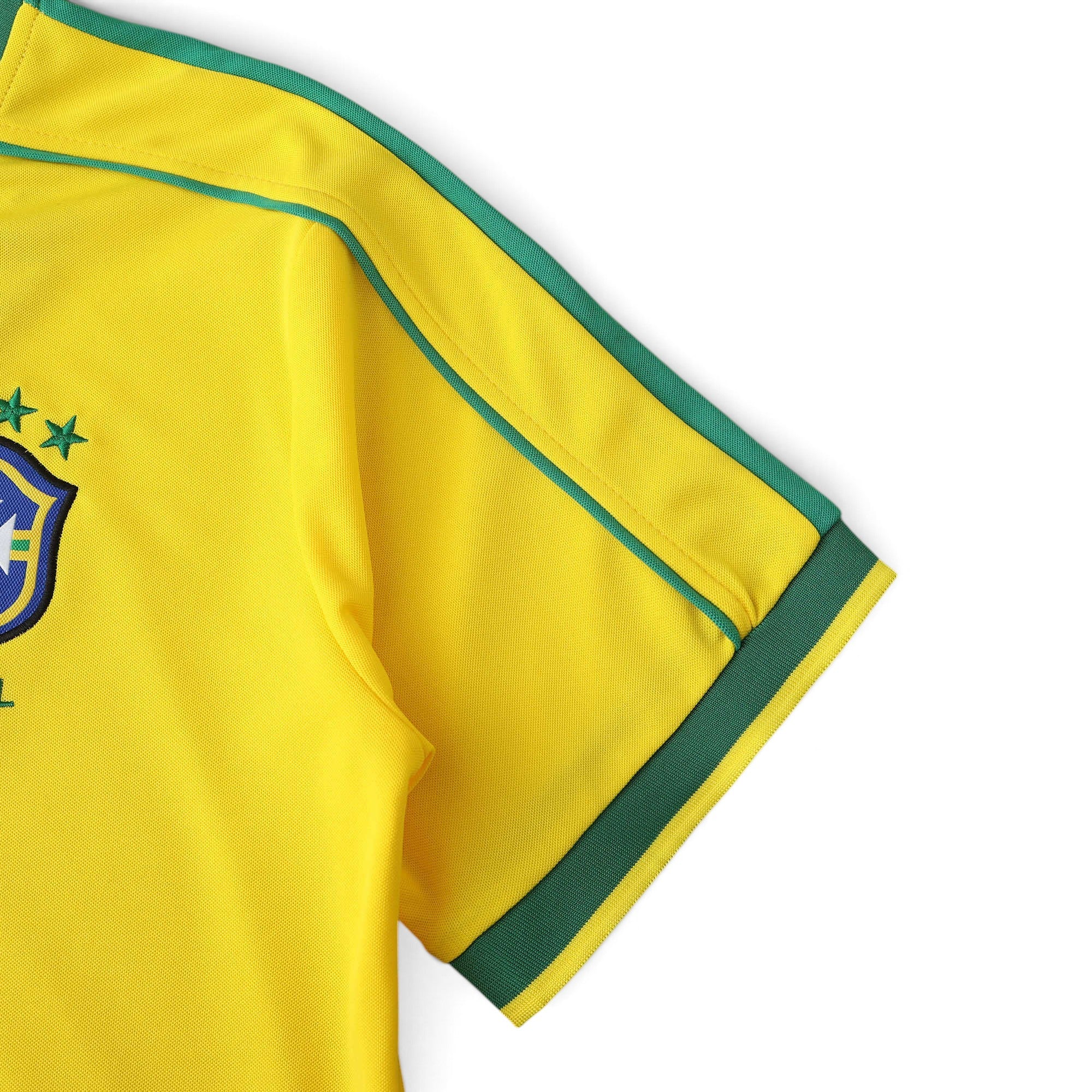 Elite Retro Kits Brazil 1998 World Cup home shirt in yellow with green trim and embroidered CBF crest detail