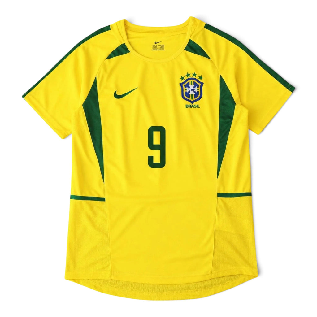 Elite Retro Kits Brazil 2002 home football shirt in canary yellow with green trim, CBF crest, and number 9 on front.