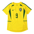 Elite Retro Kits Brazil 2002 home football shirt in canary yellow with green trim, CBF crest, and number 9 on front.