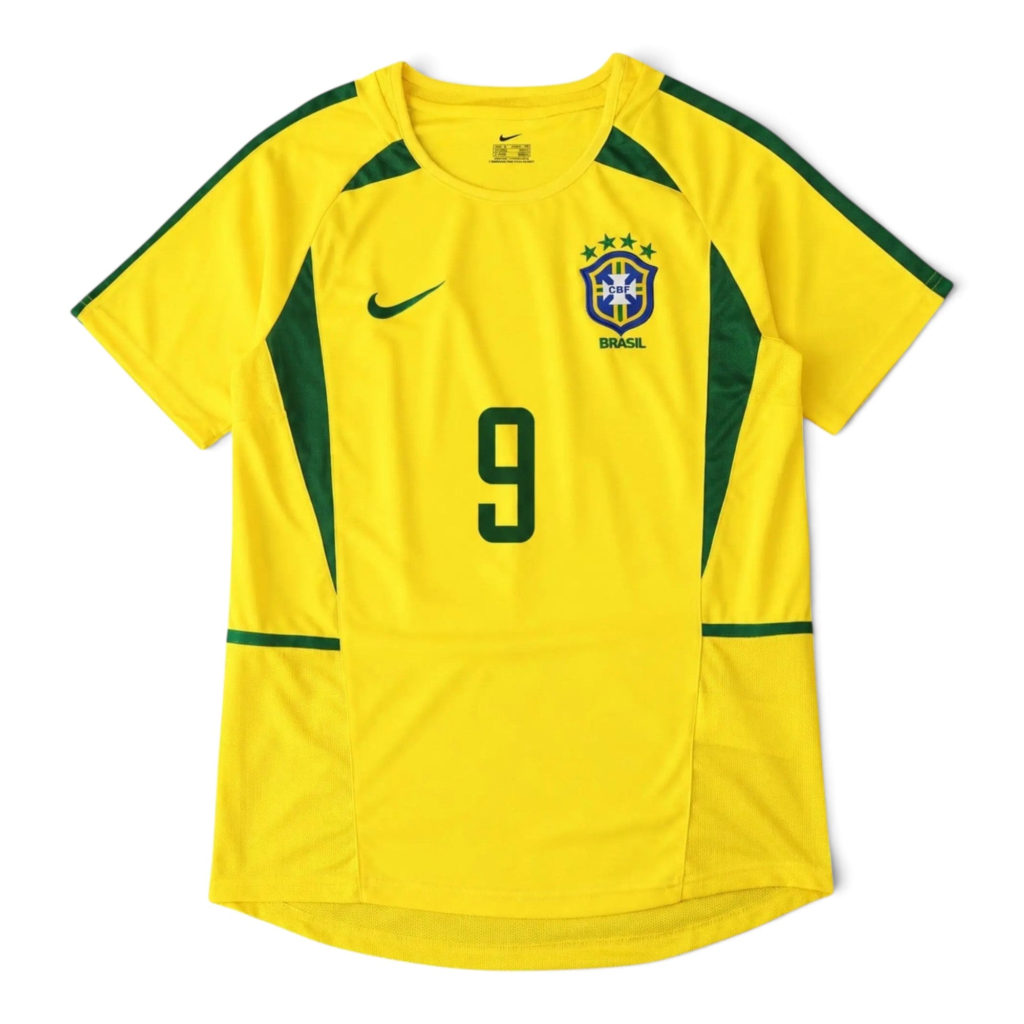 Elite Retro Kits Brazil 2002 home football shirt in canary yellow with green trim, CBF crest, and number 9 on front.