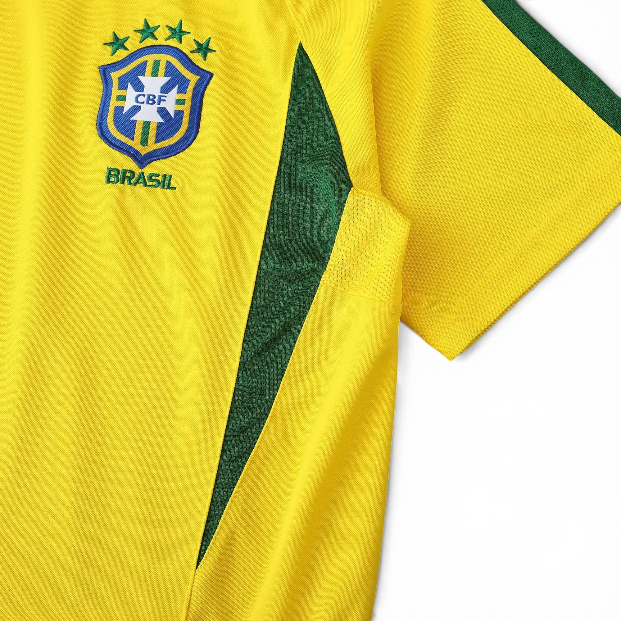 Elite Retro Kits Brazil 2002 home football shirt in canary yellow with green side panels and CBF crest detail