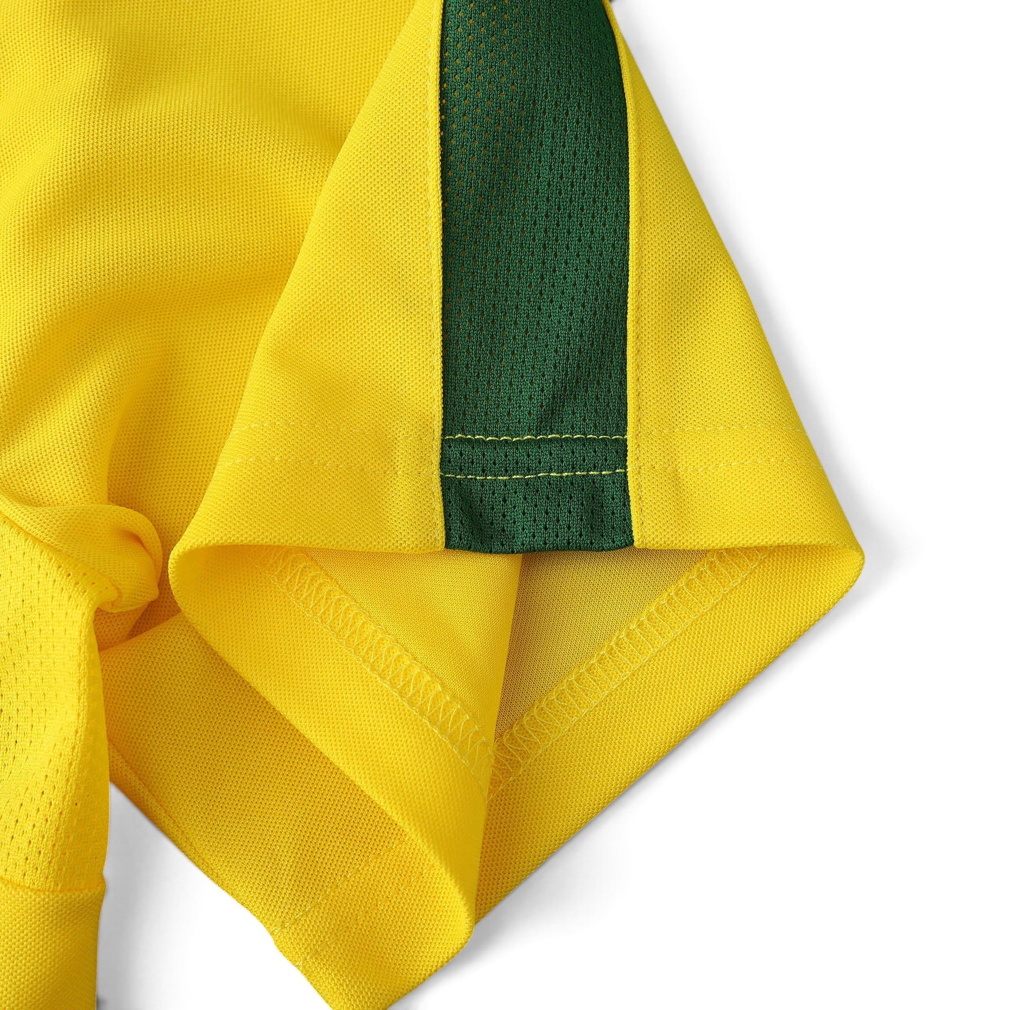 Elite Retro Kits Brazil 2002 home shirt sleeve detail in canary yellow with green mesh side panel