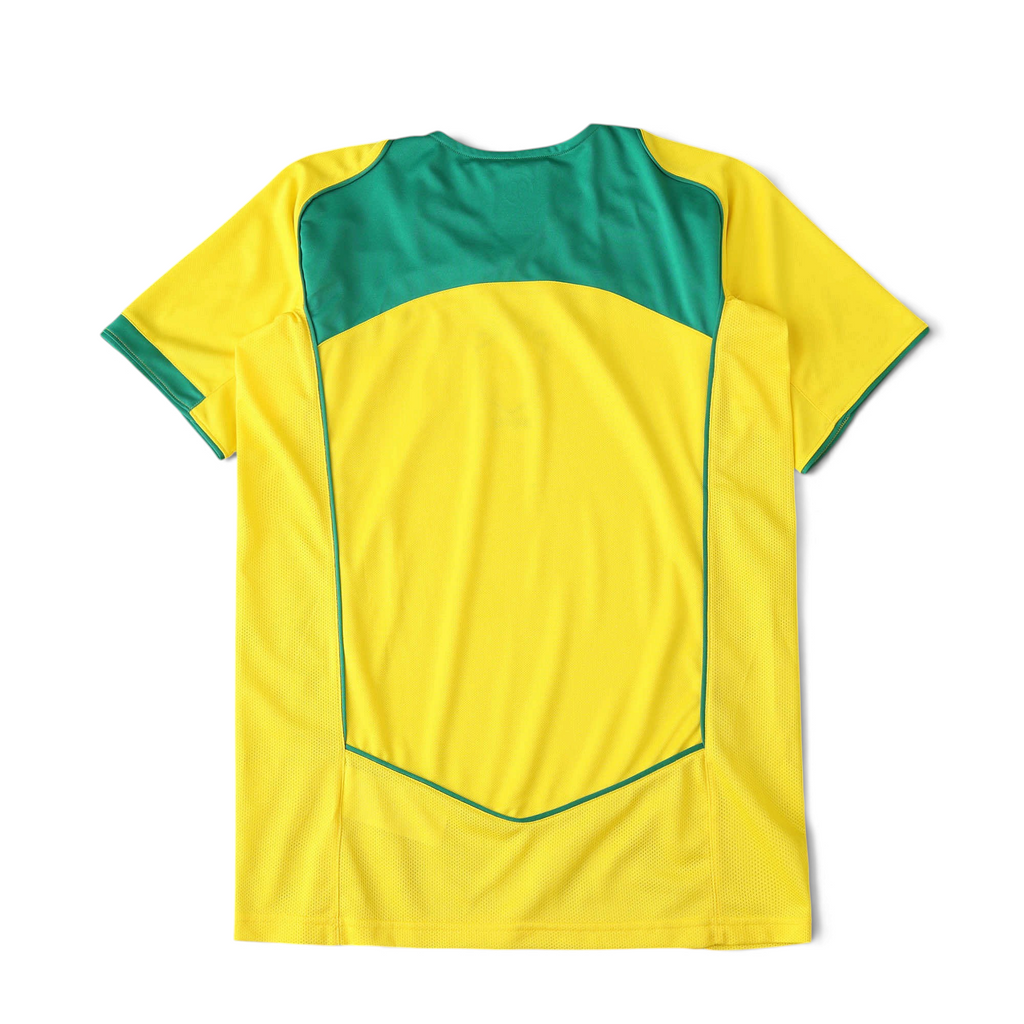 Elite Retro Kits Brazil 2004 home football shirt in yellow with green curved piping and collar, back view