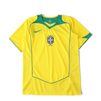 Elite Retro Kits Brazil 2004 home football shirt in yellow with green collar and curved piping details