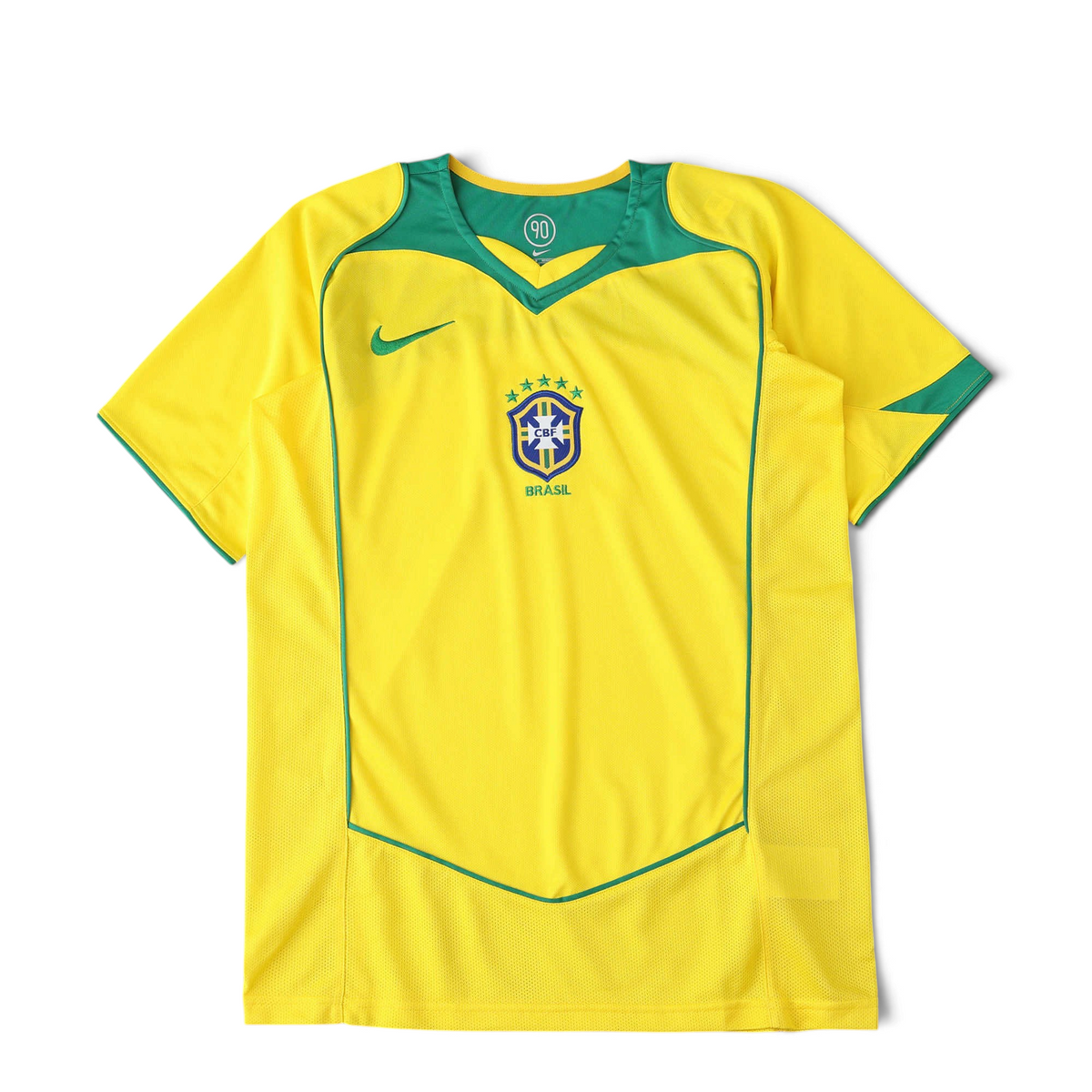 Elite Retro Kits Brazil 2004 home football shirt in yellow with green collar and curved piping details