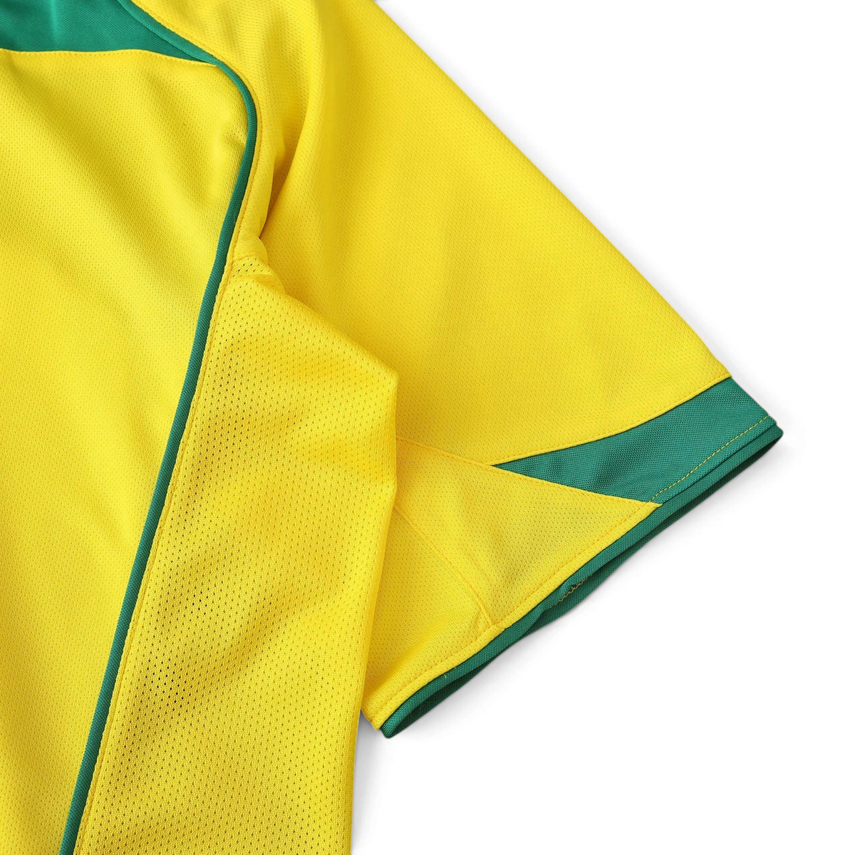 Elite Retro Kits Brazil 2004 home football shirt in yellow with green piping and breathable mesh fabric detail