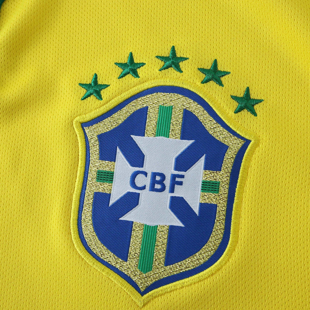 Elite Retro Kits Brazil 2014 home shirt featuring the embroidered five-star CBF crest on yellow textured fabric