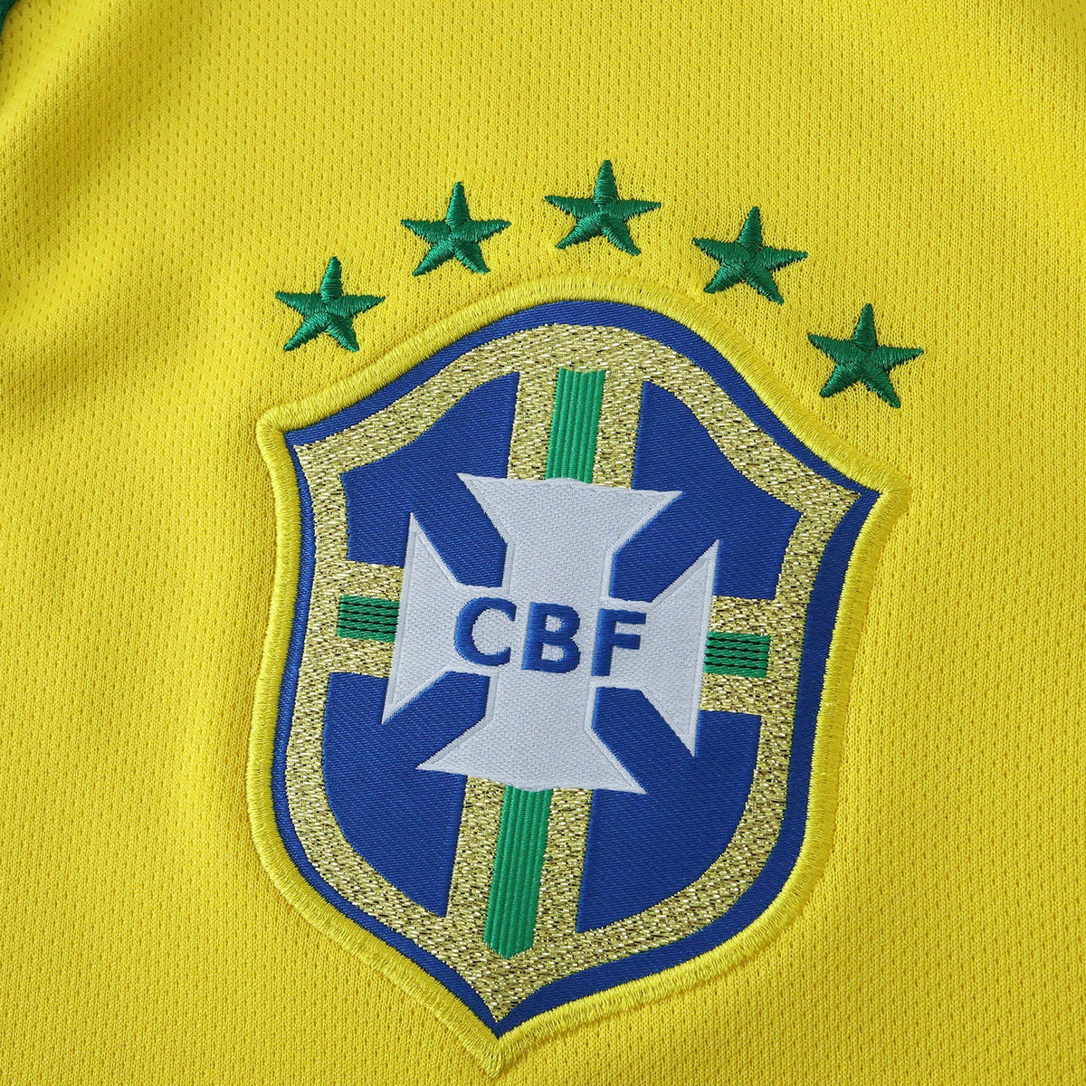 Elite Retro Kits Brazil 2014 home shirt featuring the embroidered five-star CBF crest on yellow textured fabric