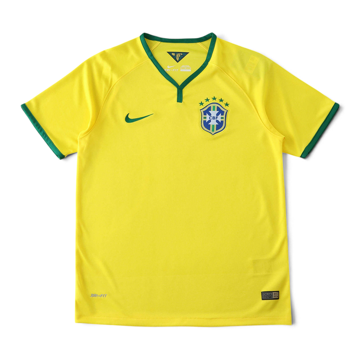 Elite Retro Kits Brazil 2014 home football shirt in yellow with green collar and CBF crest on a green pitch background