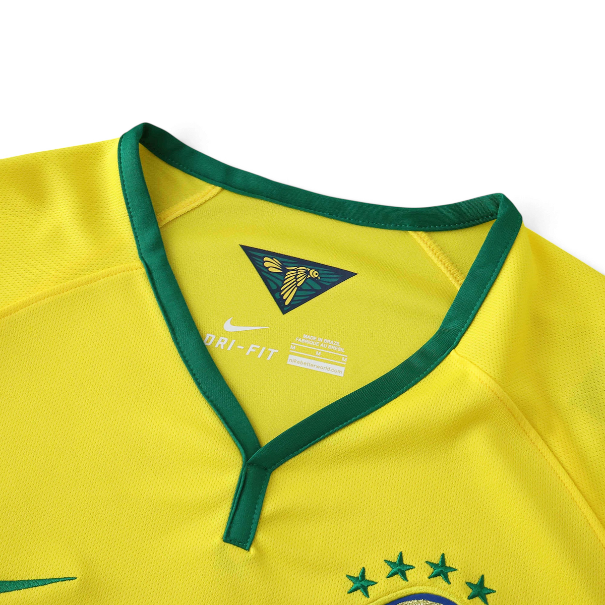 Elite Retro Kits Brazil 2014 home shirt featuring a yellow jersey with green collar trim and Dri-Fit technology.