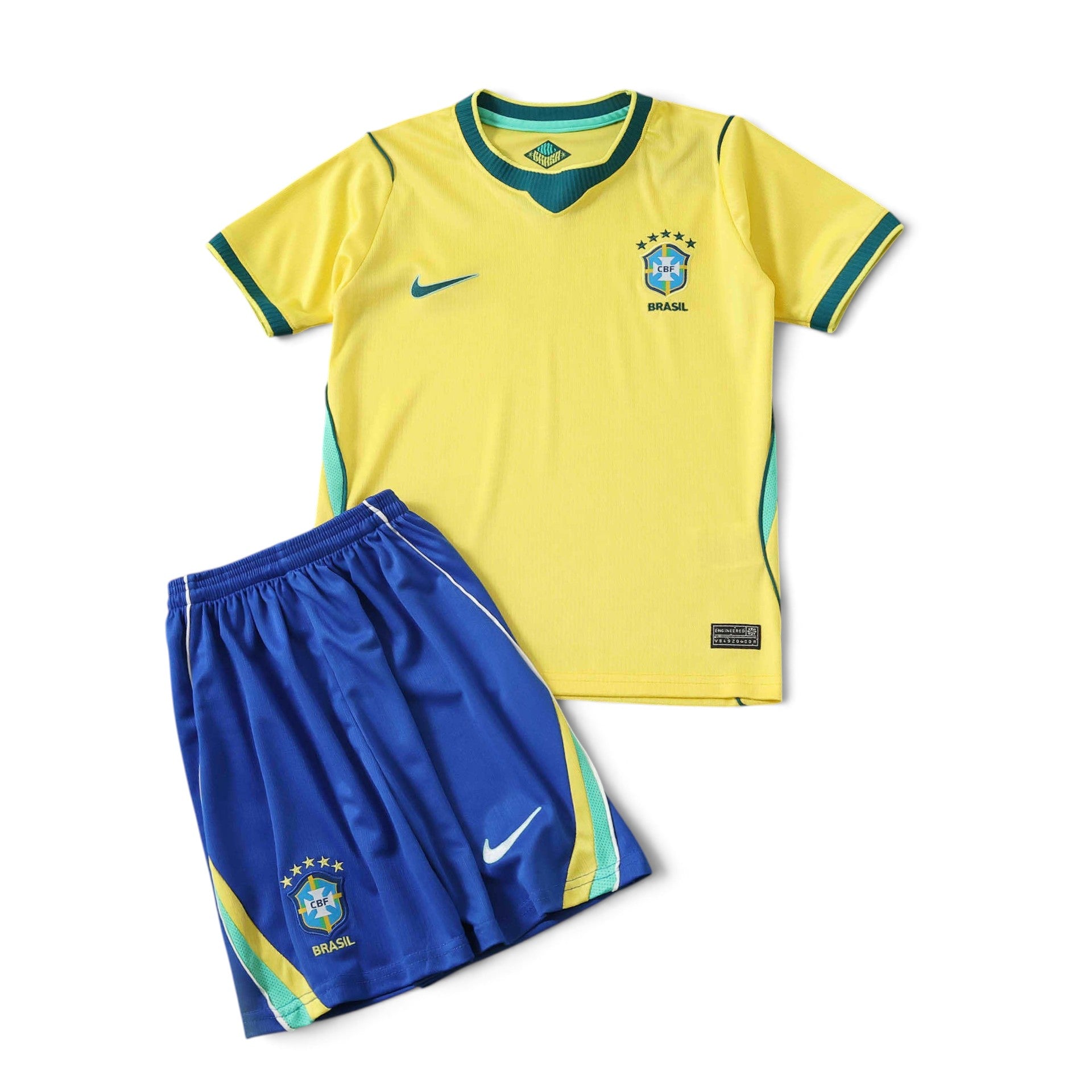Elite Retro Kits Brazil 2026 World Cup kids home kit featuring a yellow jersey with green trim and blue shorts.