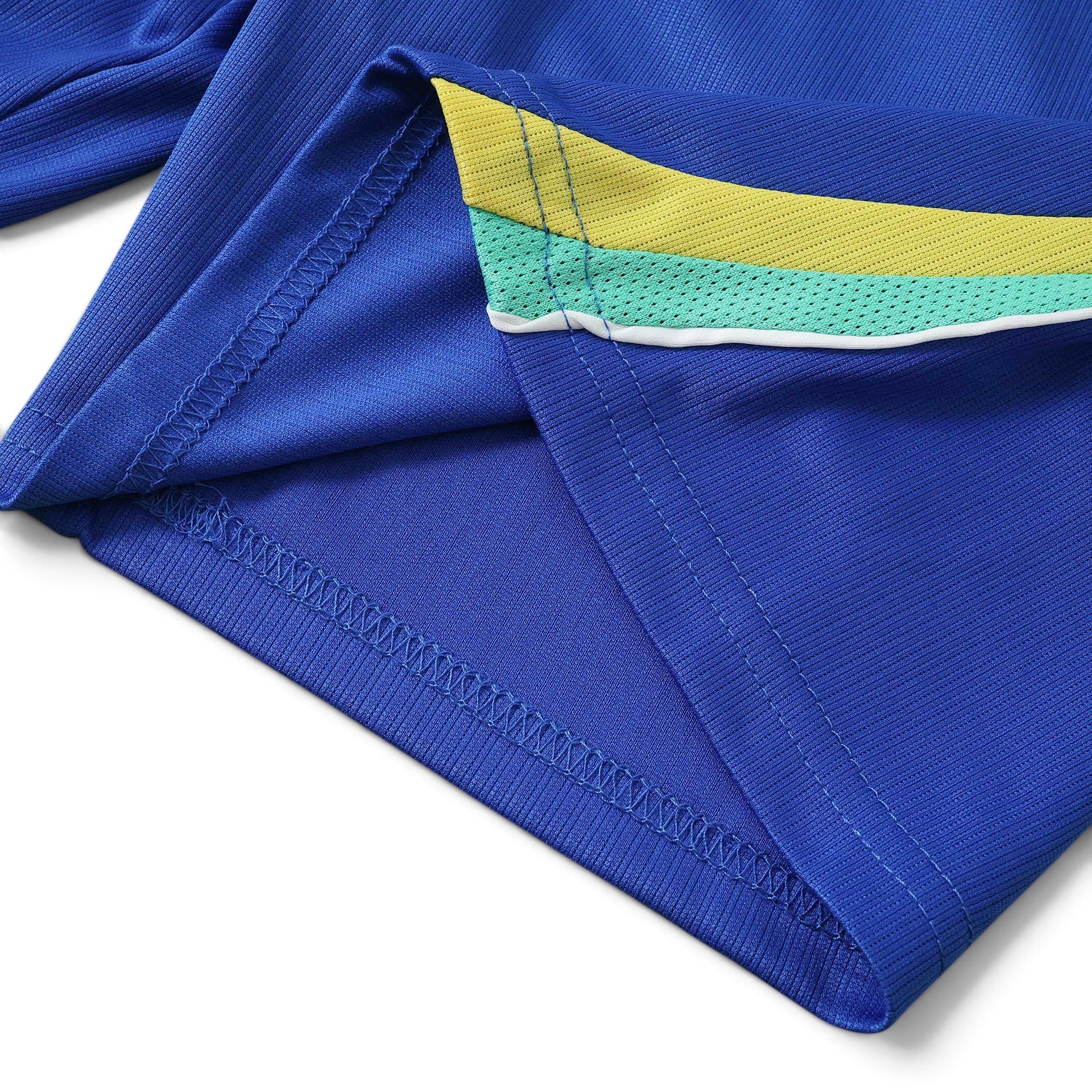 Elite Retro Kits Brazil 2026 kids home football kit featuring a blue jersey with yellow and green sleeve trim detail.