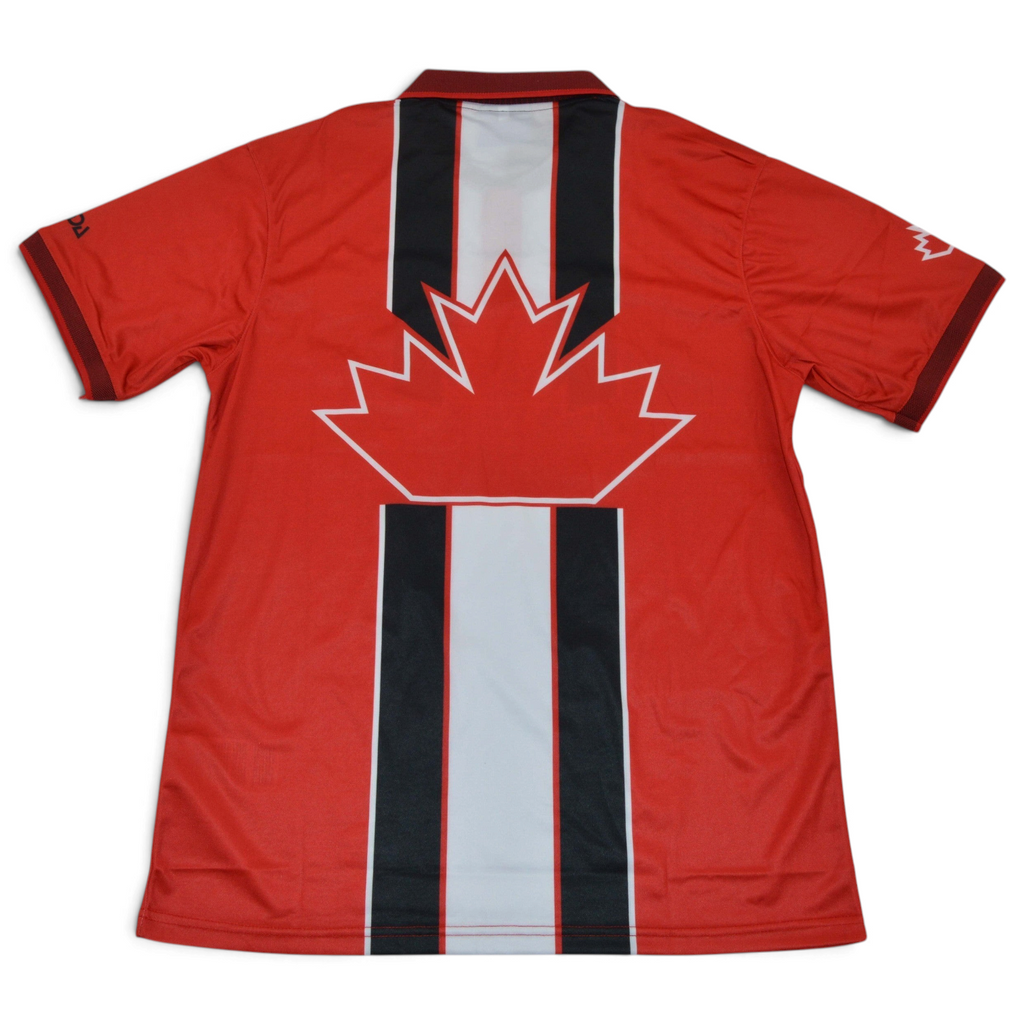 Elite Retro Kits 1998 Canada home football shirt in red with a central maple leaf graphic and fold-over collar.