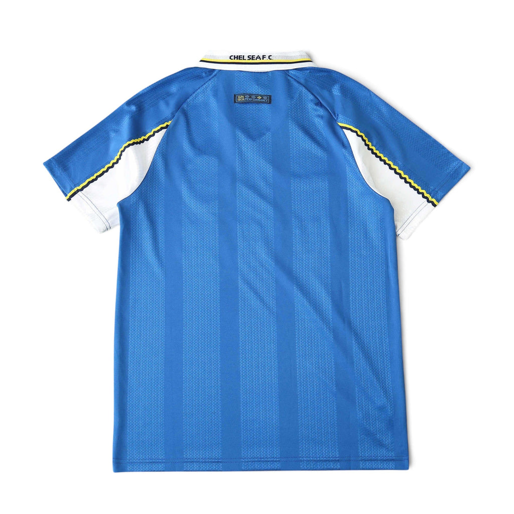 Back view of Elite Retro Kits Chelsea 1997-99 home football shirt in blue with white collar and yellow trim.