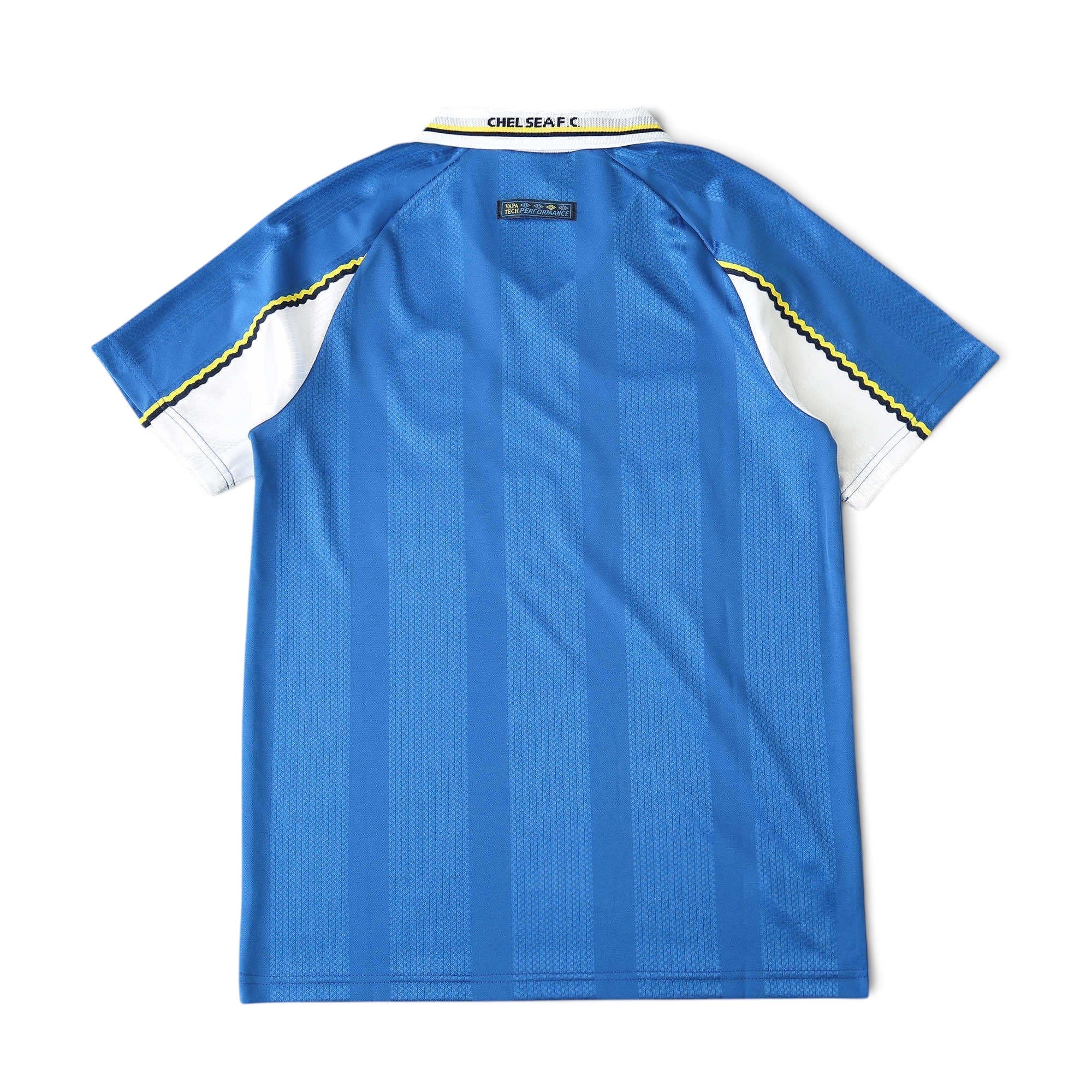 Back view of Elite Retro Kits Chelsea 1997-99 home football shirt in blue with white collar and yellow trim.