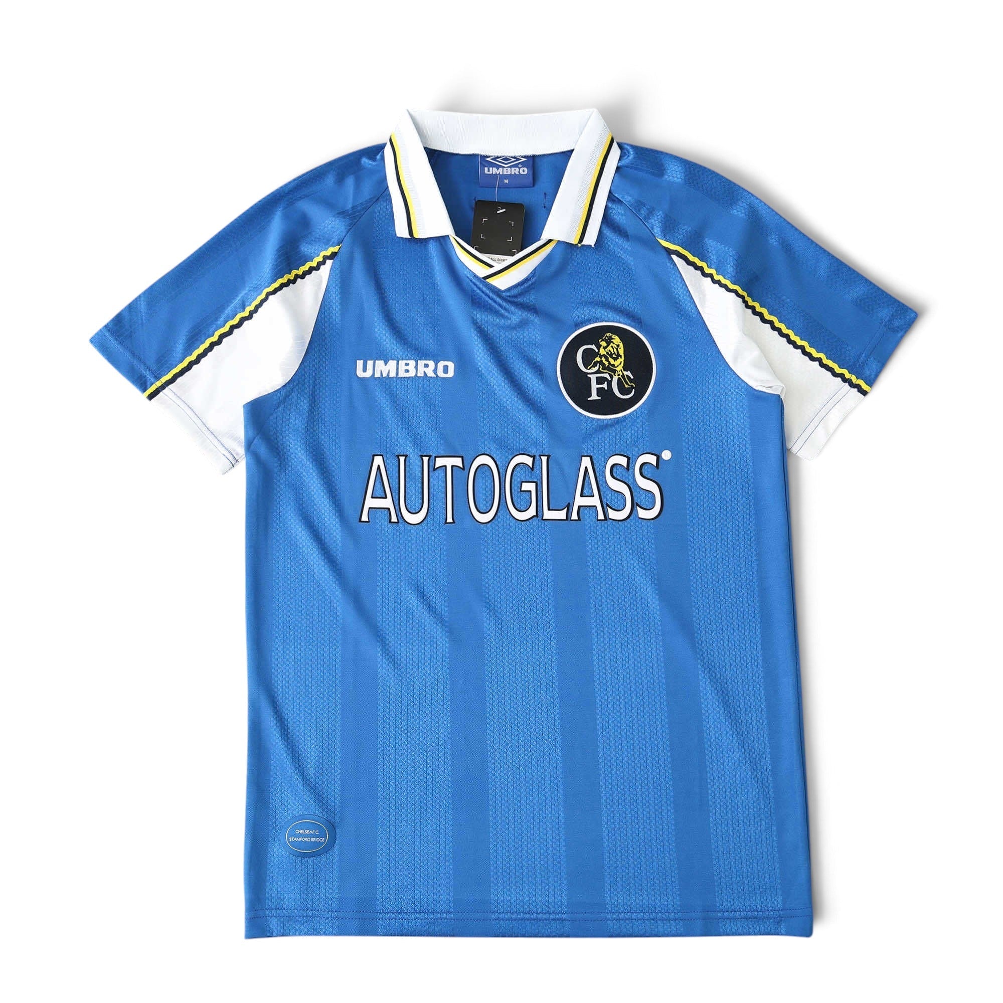 Elite Retro Kits Chelsea 1997-99 home football shirt in blue with white collar and Autoglass sponsor logo
