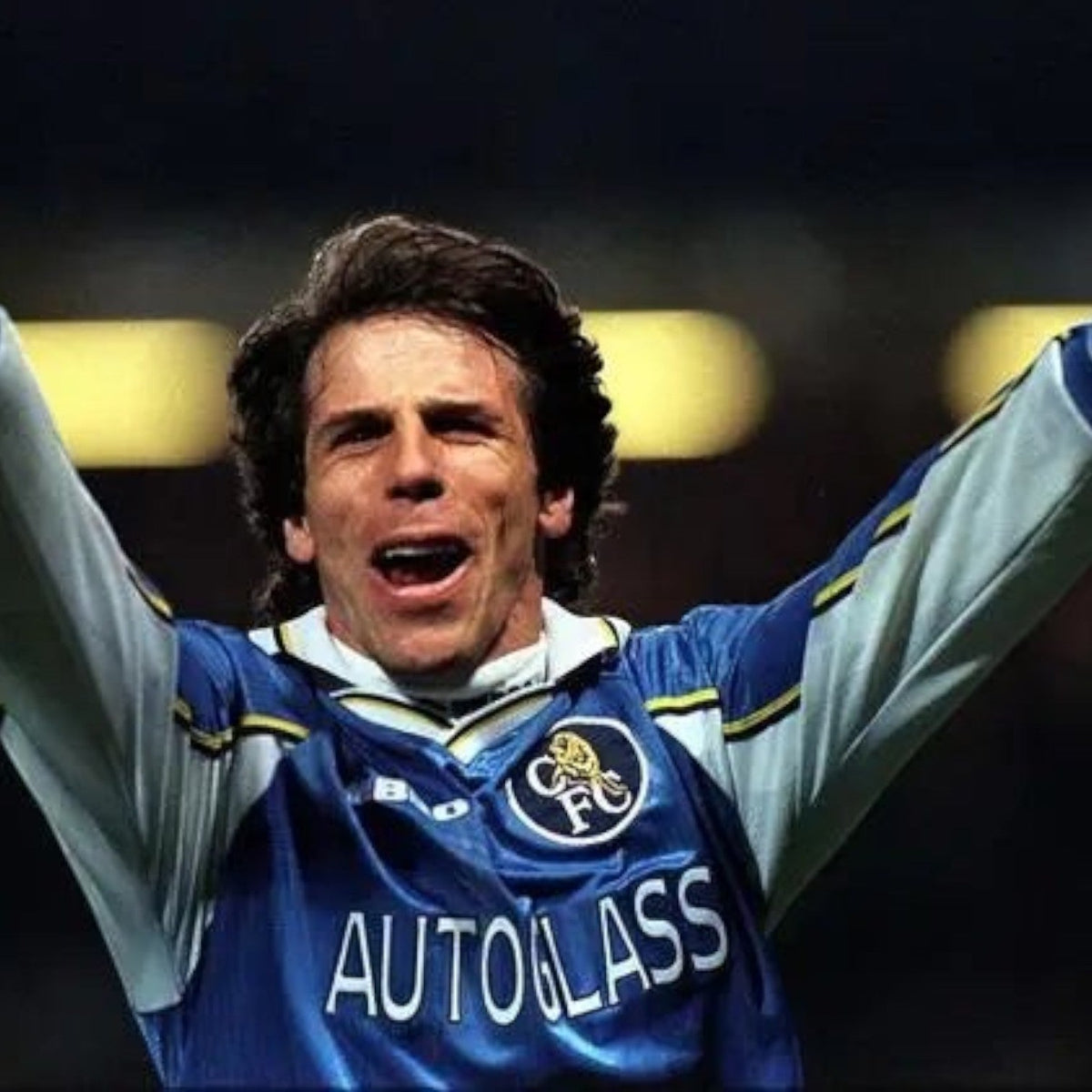 Gianluca Vialli wearing the Elite Retro Kits 1997-99 Chelsea home shirt with Autoglass sponsor and classic collar.
