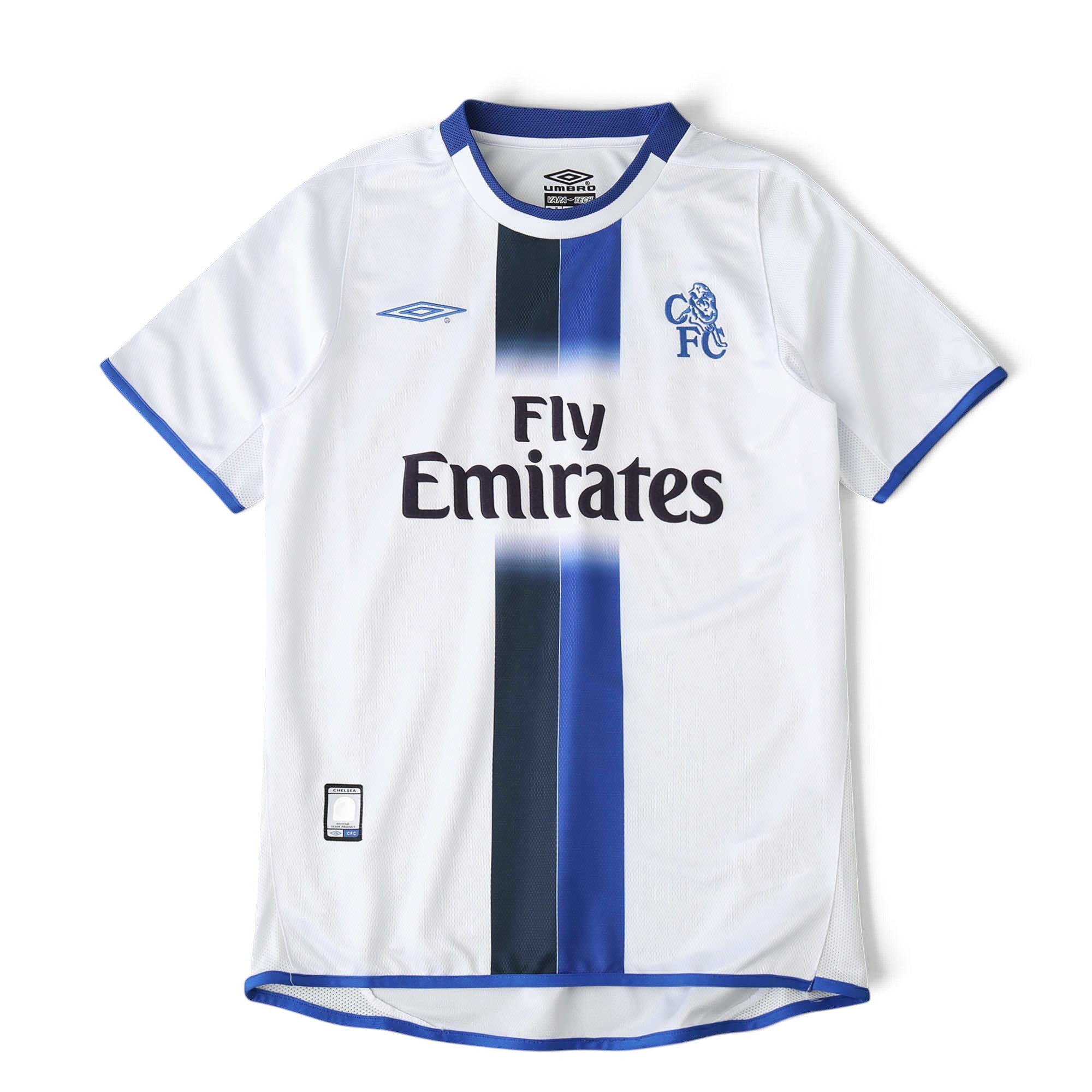 Elite Retro Kits Chelsea 2003/05 away football shirt in white with blue and black vertical chest stripe and logo.