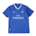 Elite Retro Kits Chelsea 2003-05 home football shirt in classic blue with white V-neck and Fly Emirates sponsor logo