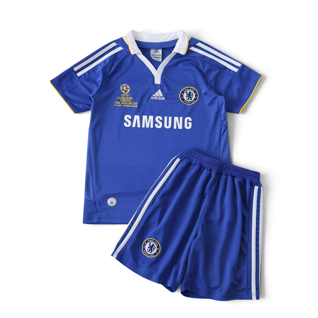 Elite Retro Kits Chelsea 2008/09 kids home football kit in blue with white collar and Champions League final detail