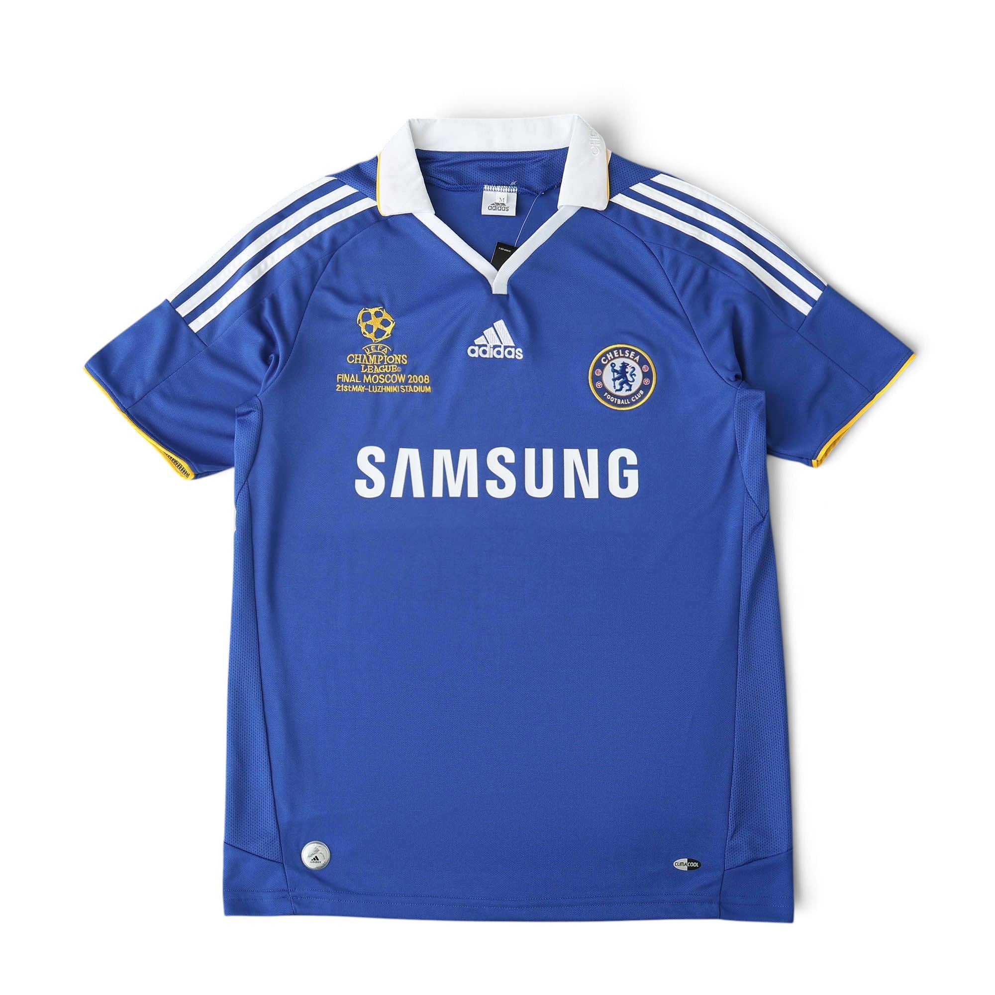 Elite Retro Kits Chelsea 2007/08 UCL Final home shirt in blue with white collar and Champions League Moscow detailing.