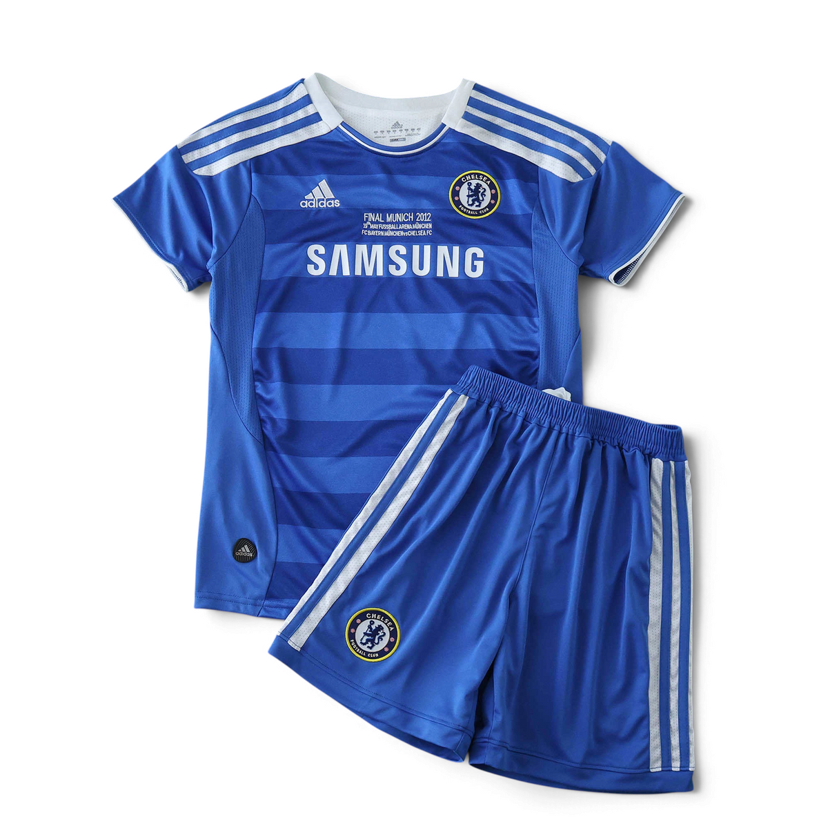 Elite Retro Kits Chelsea 2011/12 kids home kit in blue with white tonal chest bands and Samsung sponsor logo.