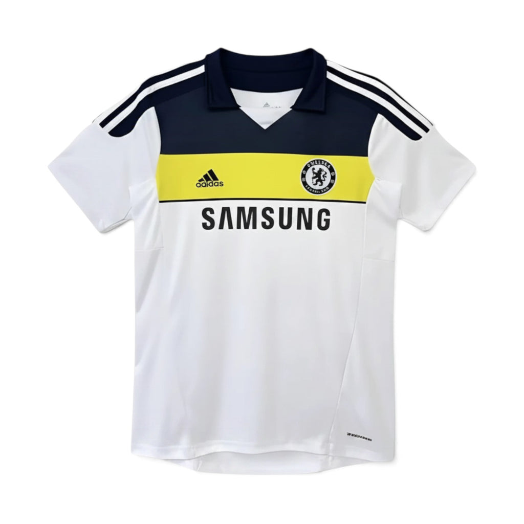 Elite Retro Kits Chelsea 2011/12 third football shirt in white with navy collar, yellow chest band, and Samsung logo.