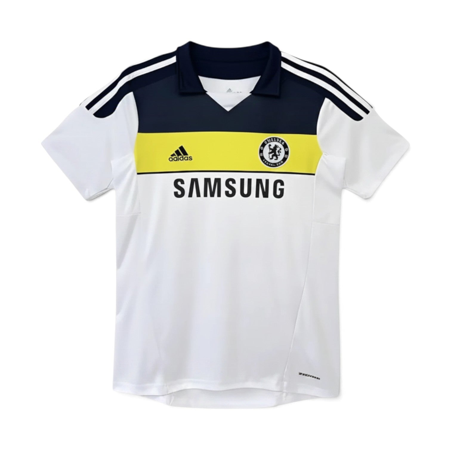 Elite Retro Kits Chelsea 2011/12 third football shirt in white with navy collar, yellow chest band, and Samsung logo.