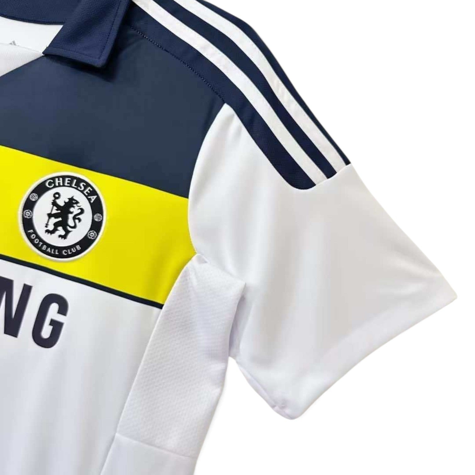 Elite Retro Kits Chelsea 2011/12 third football shirt in white and navy with a yellow chest stripe and collar.