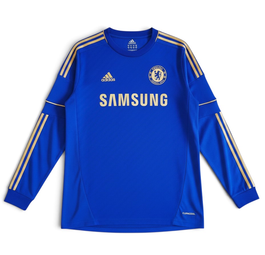 Elite Retro Kits Chelsea 2012/13 long sleeve home football shirt in blue with gold adidas stripes and Samsung logo.
