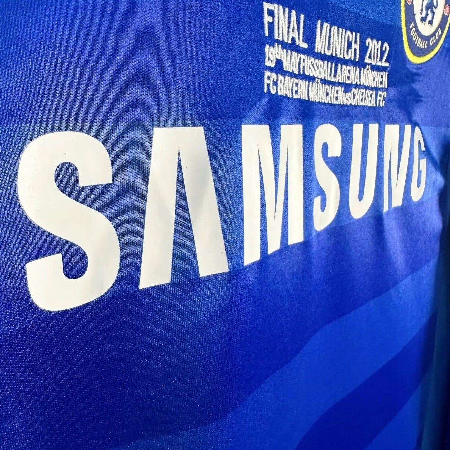 Elite Retro Kits Chelsea 2011/12 UCL Final home shirt in blue with Samsung sponsor and Munich 2012 match detail