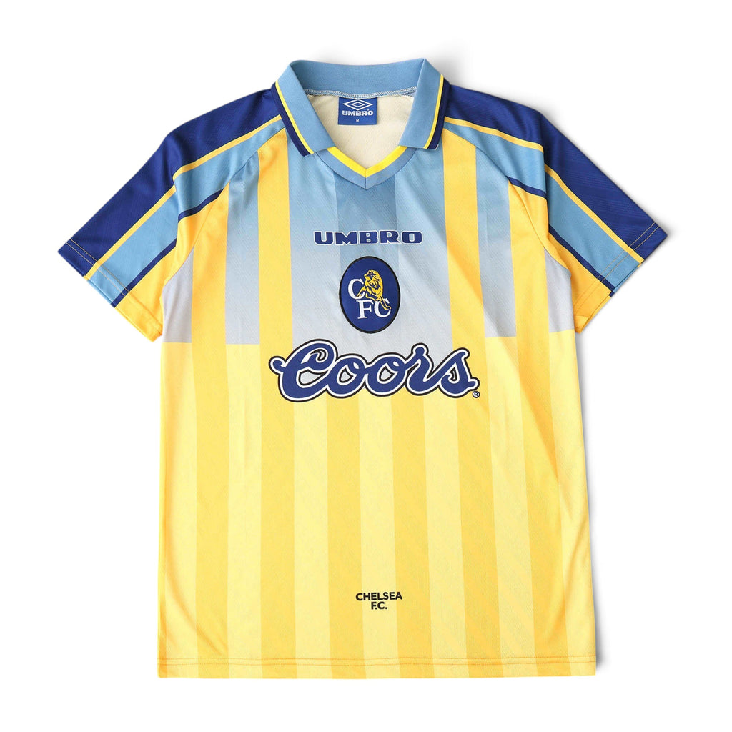 Elite Retro Kits Chelsea 1995-97 away football shirt in yellow and blue with Coors sponsor and Umbro branding