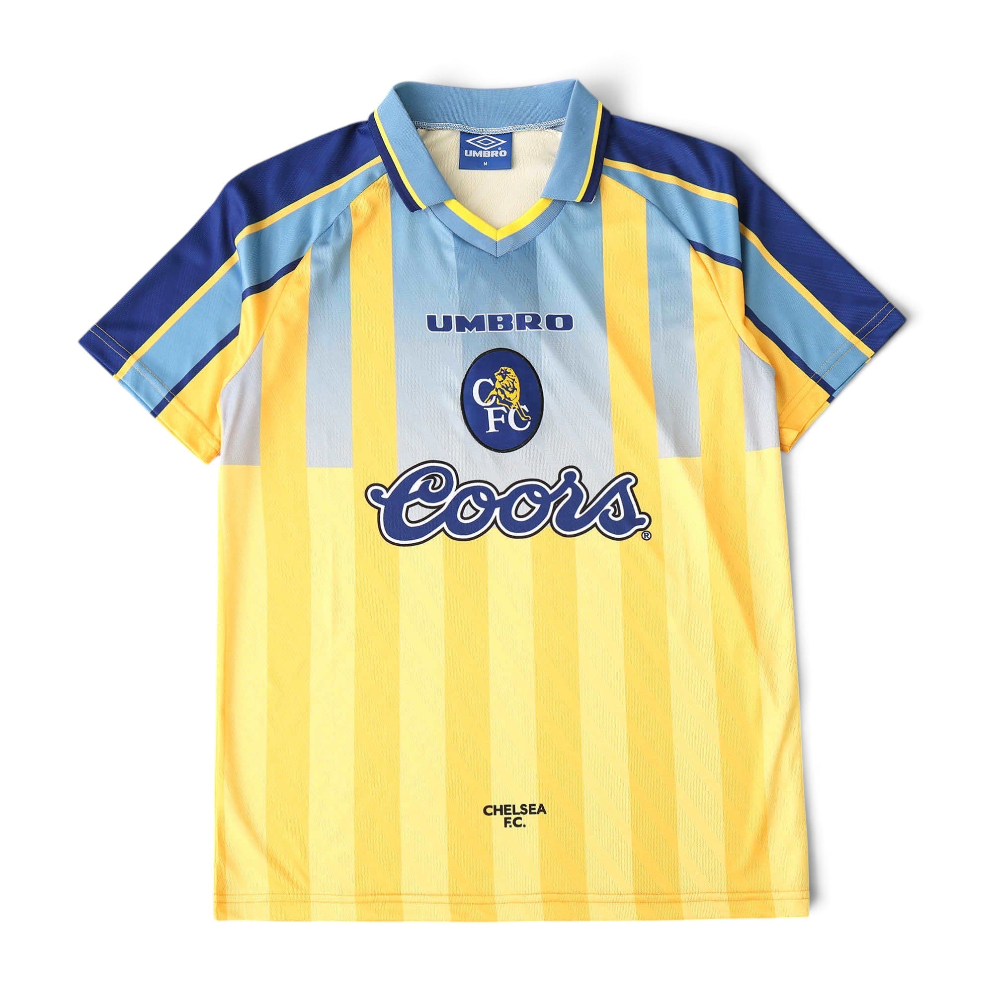 Elite Retro Kits Chelsea 1995-97 away football shirt in yellow and blue with Coors sponsor and Umbro branding