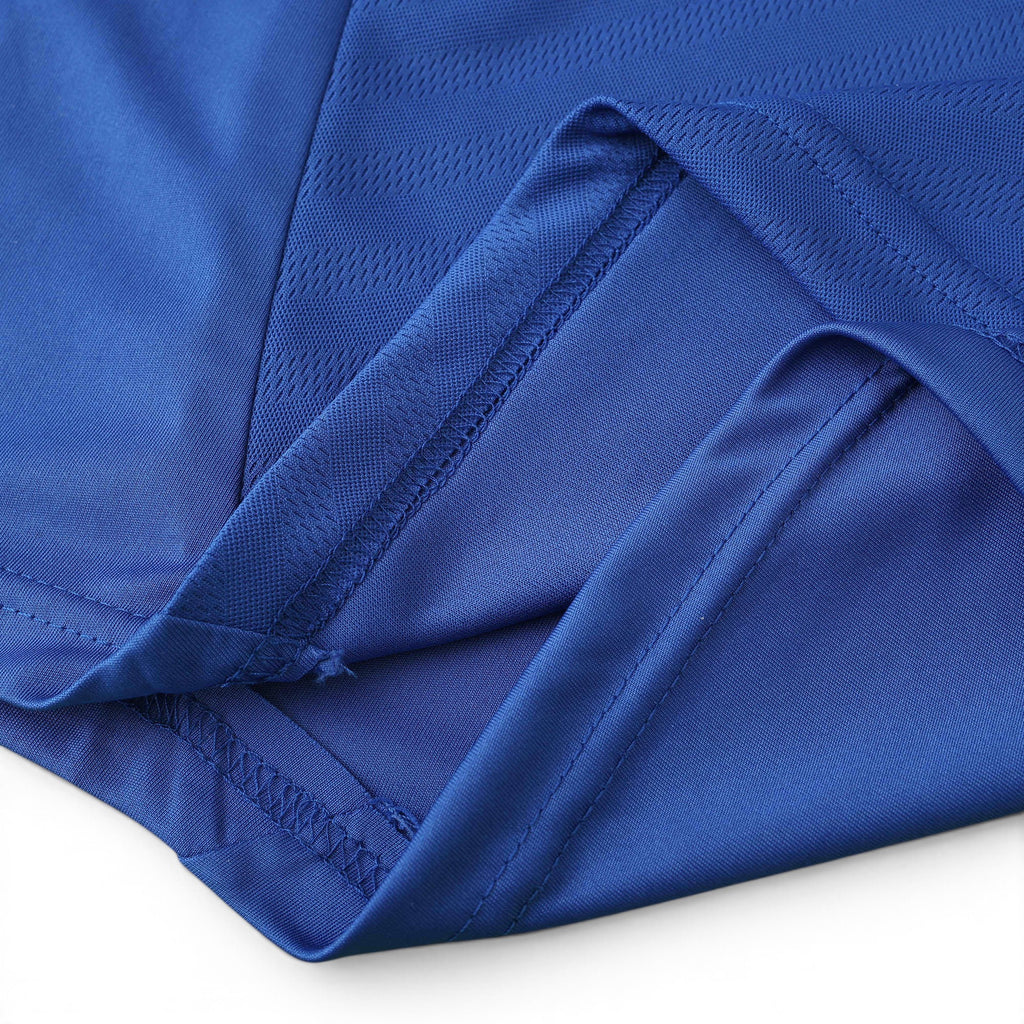 Close-up of Elite Retro Kits Chelsea 2012/13 home shirt fabric showing blue textured material and stitched hem detail.