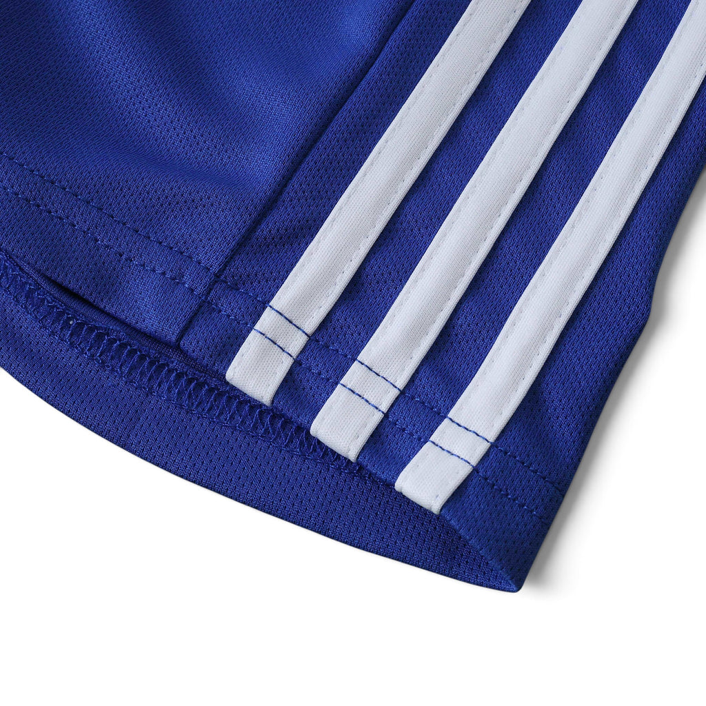 Elite Retro Kits blue kids football shorts with iconic white three-stripe detailing from the 2008/09 Chelsea home kit.