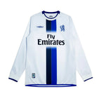 Elite Retro Kits Chelsea 2003/05 long sleeve away football shirt in white with blue central stripe and Emirates logo