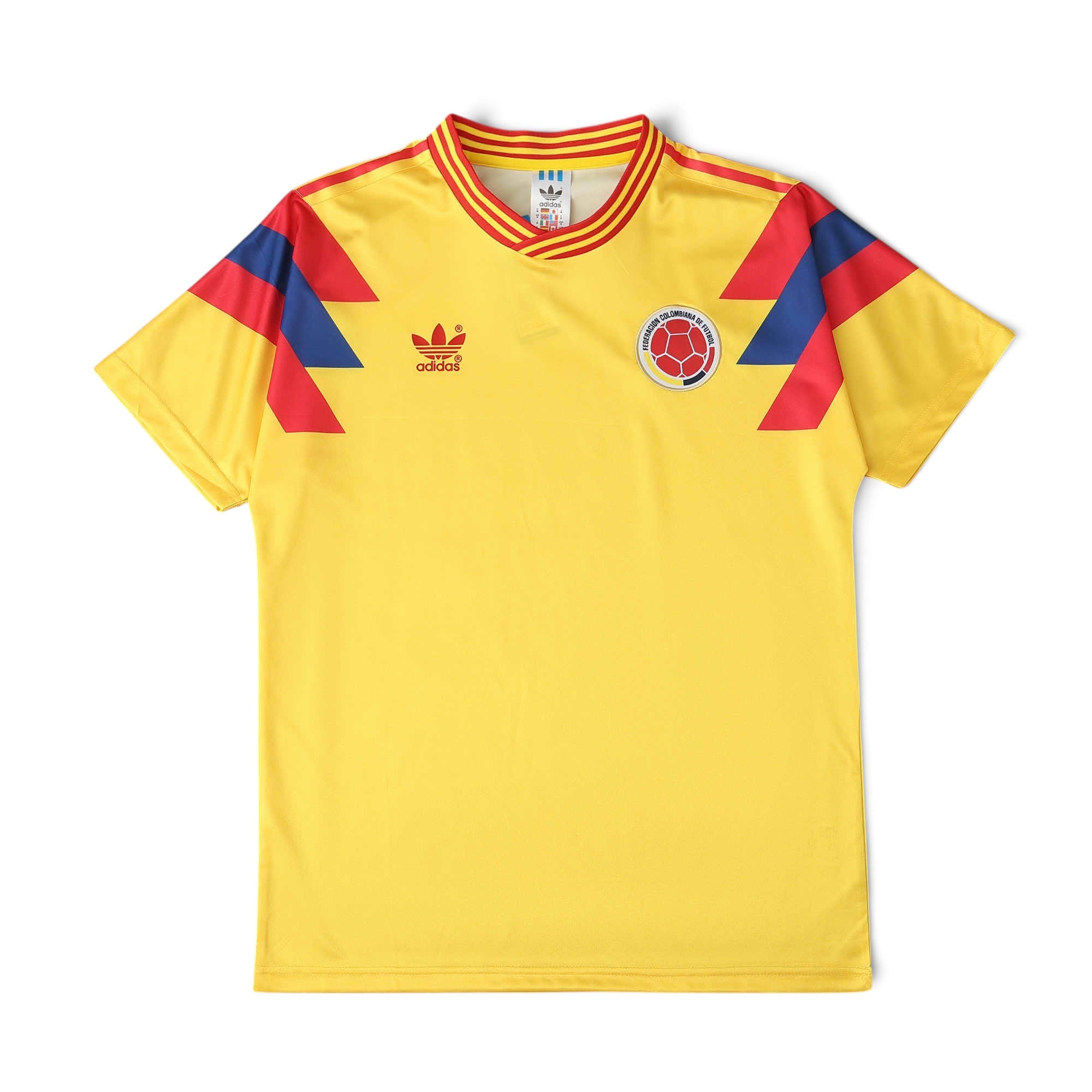 Elite Retro Kits Colombia 1990 home football shirt in bright yellow with red and blue shoulder detailing