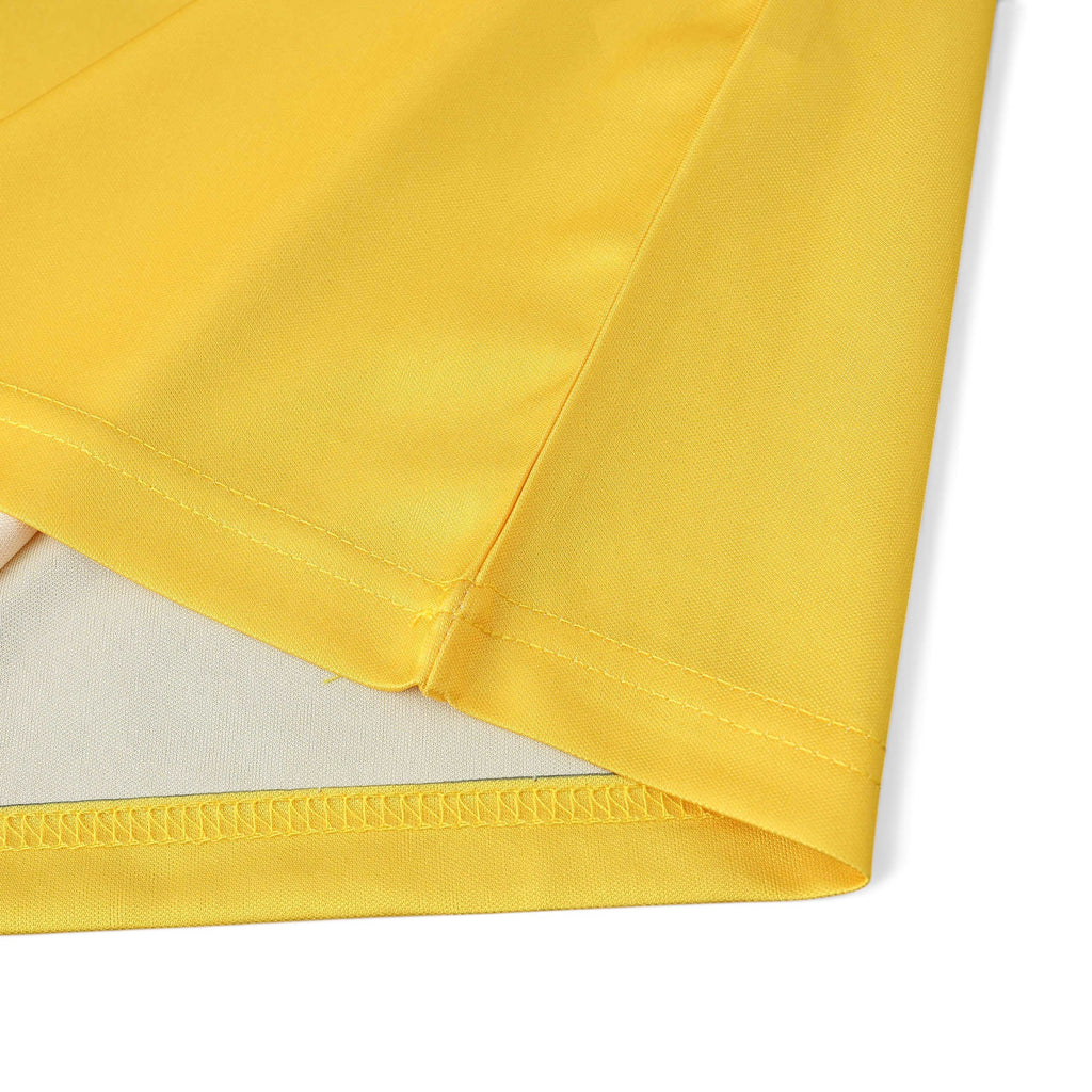 Close-up of the bright yellow fabric and hem stitching on an Elite Retro Kits Colombia 1990 home football shirt.