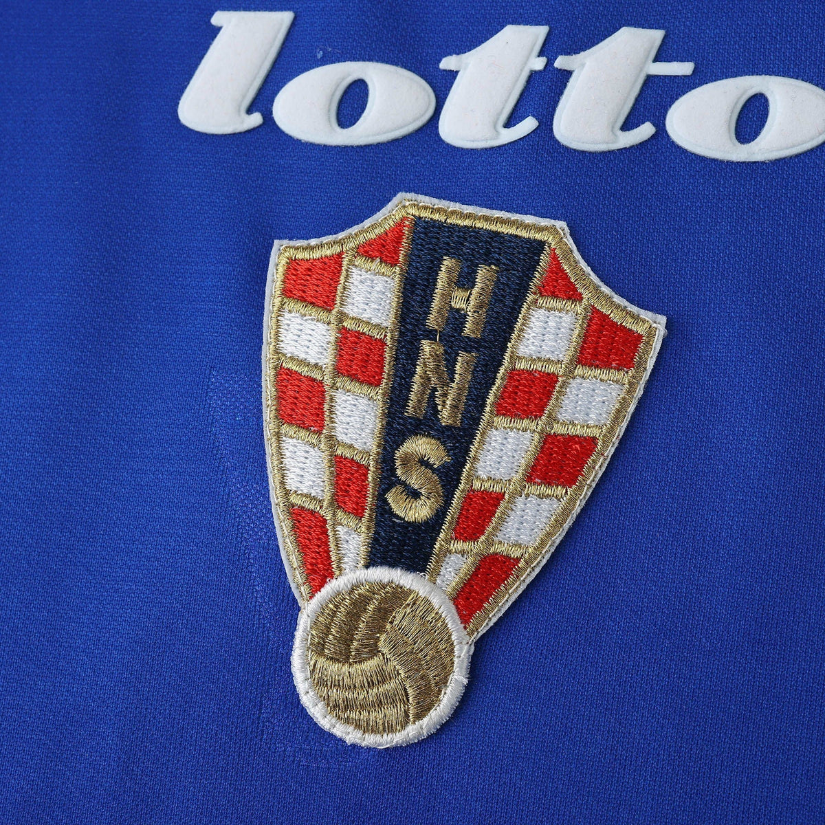 Elite Retro Kits Croatia 1998 away football shirt featuring the embroidered HNS crest and Lotto logo on blue fabric