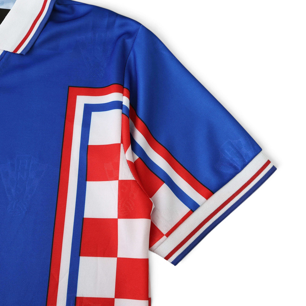 Elite Retro Kits Croatia 1998 away football shirt in blue with red and white checkered side panels and polo collar