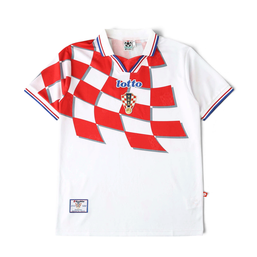 Elite Retro Kits Croatia 1998 home football shirt featuring iconic red and white checkered pattern and classic collar.