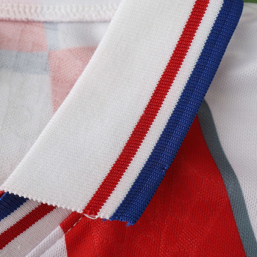 Elite Retro Kits Croatia 1998 home football shirt collar detail featuring red white and blue striped trim