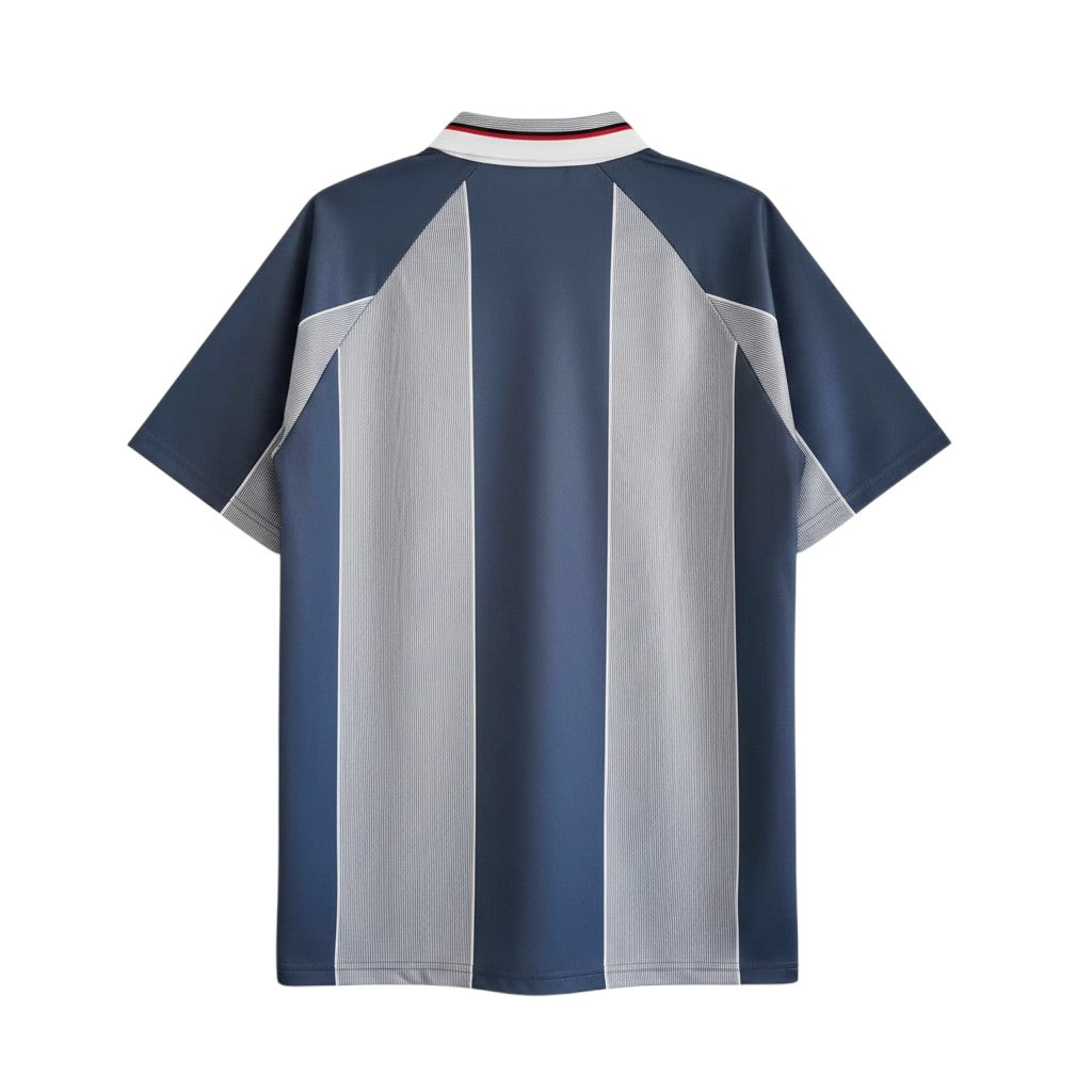 Elite Retro Kits England 1996 away football shirt in grey and indigo with a striped back and collared neckline