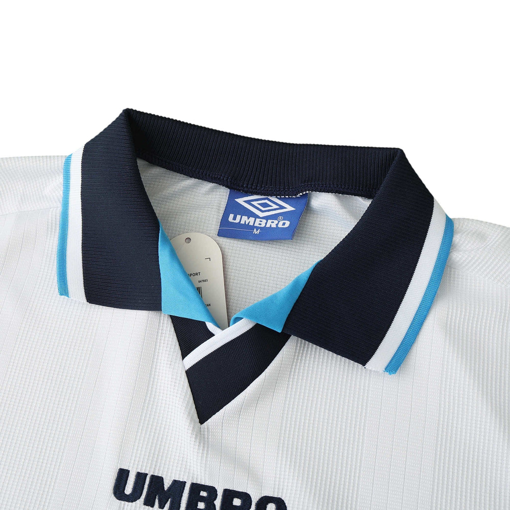 Elite Retro Kits England 1996 home football shirt featuring a white base with navy and light blue collared neckline