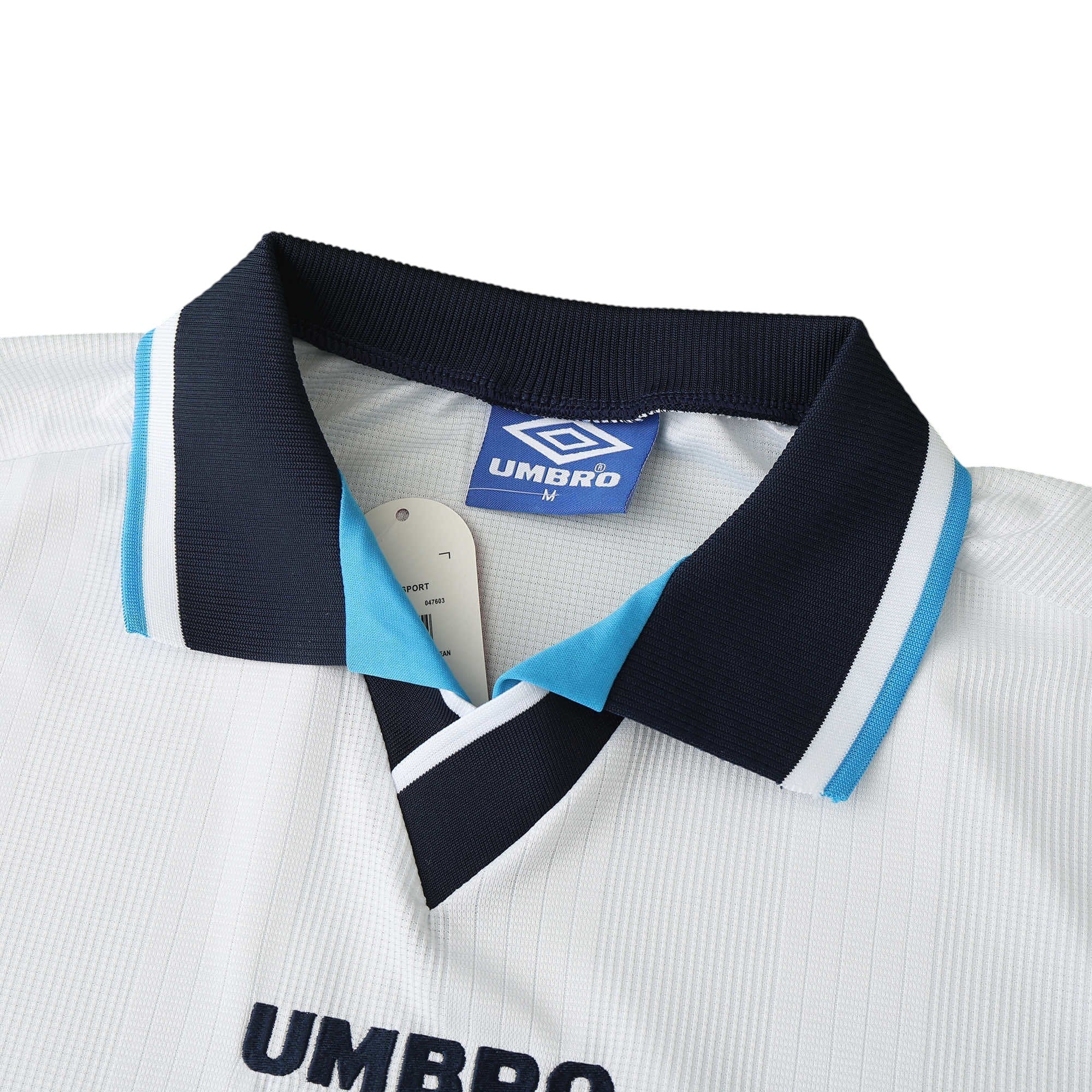 Elite Retro Kits England 1996 home football shirt featuring a white base with navy and light blue collared neckline