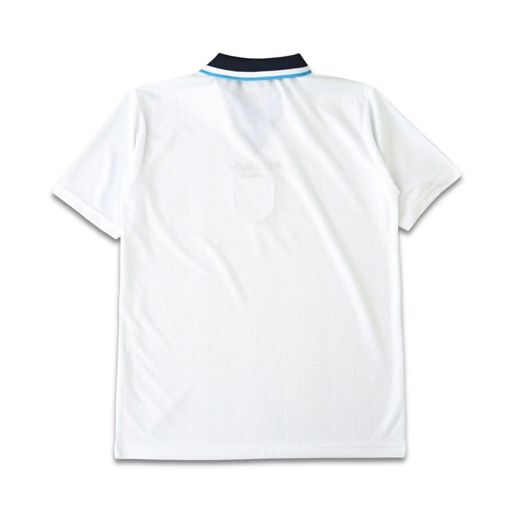 Back view of the Elite Retro Kits England 1996 home football shirt in white with a navy and blue striped collar.